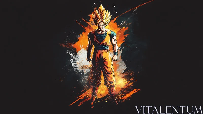 Anime warrior figure with fiery energy on dark backdrop.