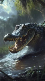 Photorealistic crocodile lunge in rain-soaked jungle shallows.