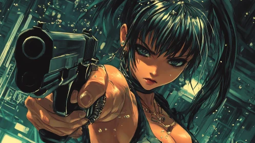 Female anime figure points handgun in close frontal view