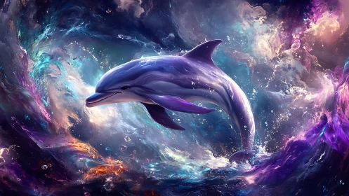 Cosmic dolphin gliding through luminous nebula waves.