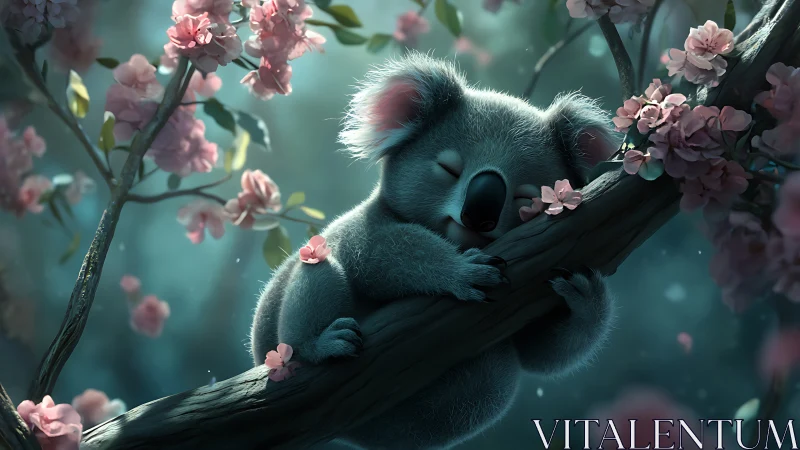 Blossom-dusted koala dreaming on a moonlit bough.