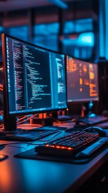 Dual coding workstations in neon blue and orange light.