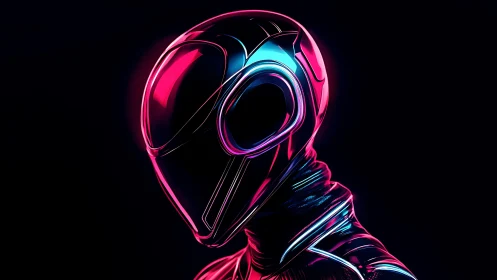 Neon cyberpunk helmet reflects vivid magenta blue light