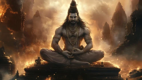 Divine warrior meditates amid blazing ancient temples.