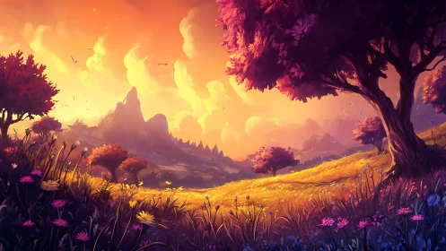 Luminous fantasy valley landscape in warm digital painting style.