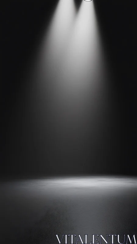 Twin spotlights cast dramatic beams onto empty floor.