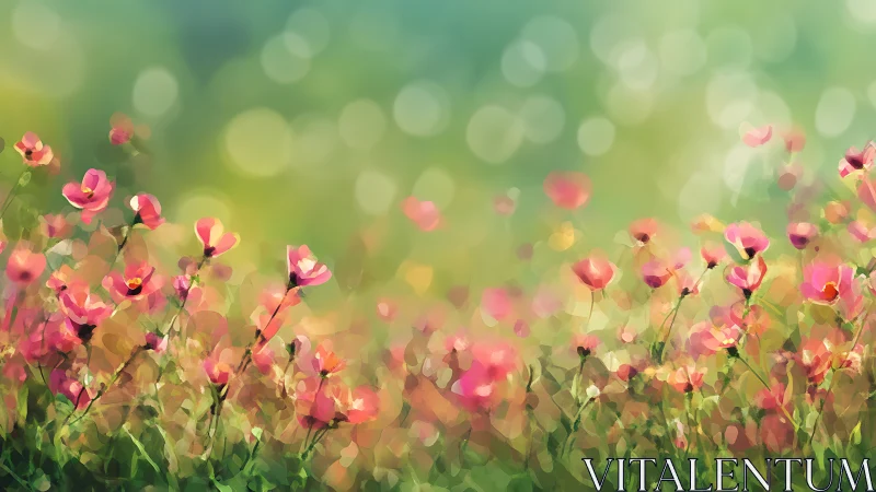 Pink Cosmos Flowers in Soft Focus Garden.