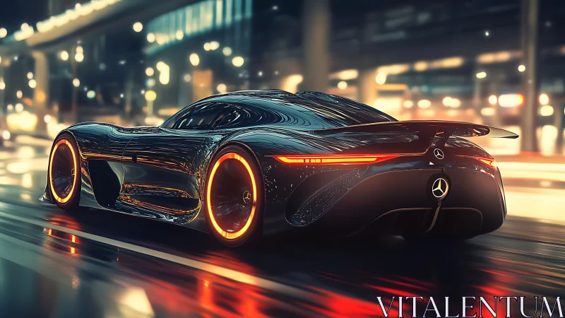Neo-futuristic Mercedes hypercar streaking through neon night.