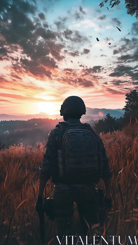 Sunset turns the lone soldier into a silhouette of resolve