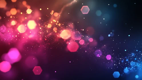 Colorful hexagon bokeh lights swirl across a cosmic gradient.