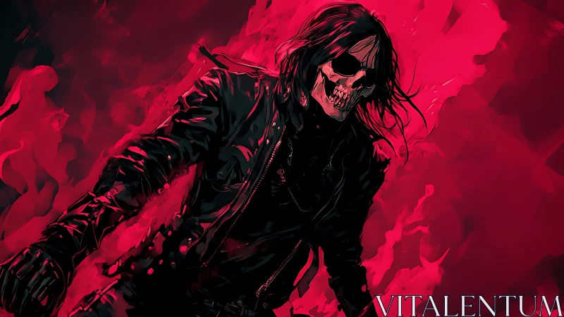 Grim reaper figure in black leather before red flames.