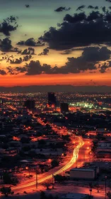 Long-exposure arterial roadway through luminant desert cityscape.