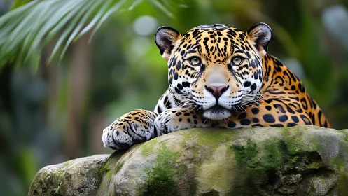 Resting jaguar on mossy rock under soft jungle backlighting