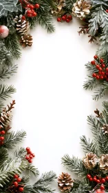 Frosted pine garland frame with red berries and cones.