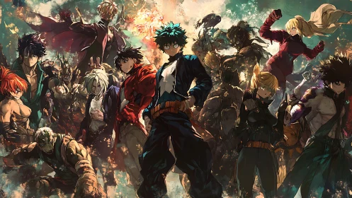 Heroic anime squad stands ready amid chaotic battle sky
