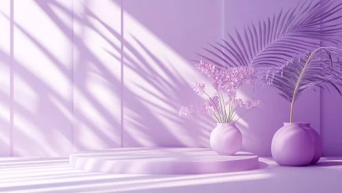 Monochrome lilac interior with plants on circular platform.