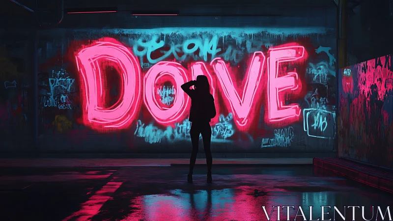 Silhouette stands before large neon pink DOVE graffiti wall