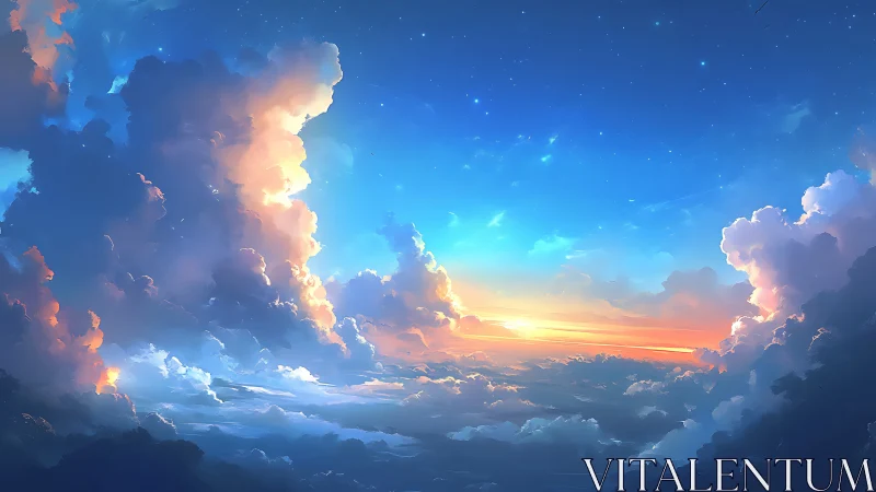 Skyline of dreaming clouds bathing in molten sunrise light.