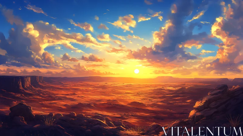 Sunlit desert horizon glows beneath expansive painted sky.