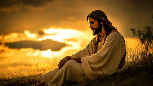 Golden sunset quiets a thoughtful figure in gentle prayer