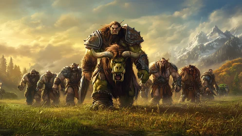 Orc warlord leads armored horde across sunlit fantasy plain.
