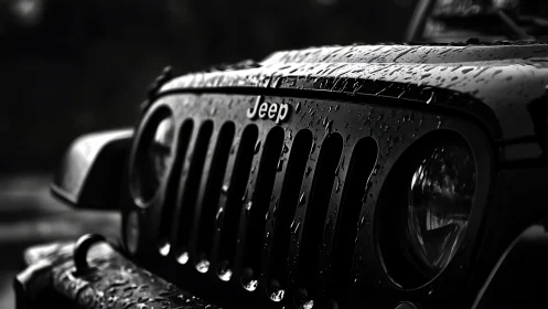 Rain-soaked Jeep front grille in high-contrast monochrome close-up