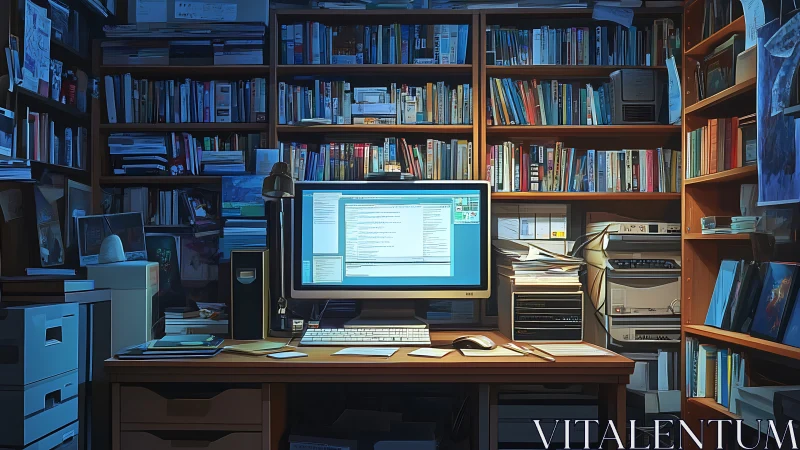 Midnight coder’s study nest glows between towering bookshelves.