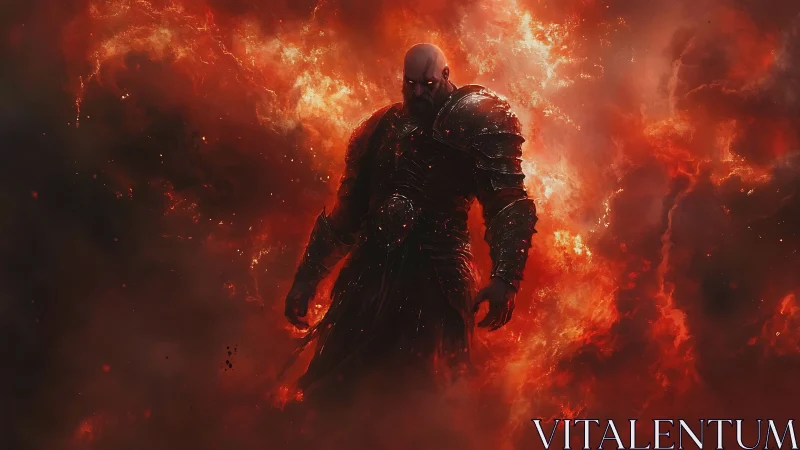 Fierce armored warrior rising from swirling crimson fire.