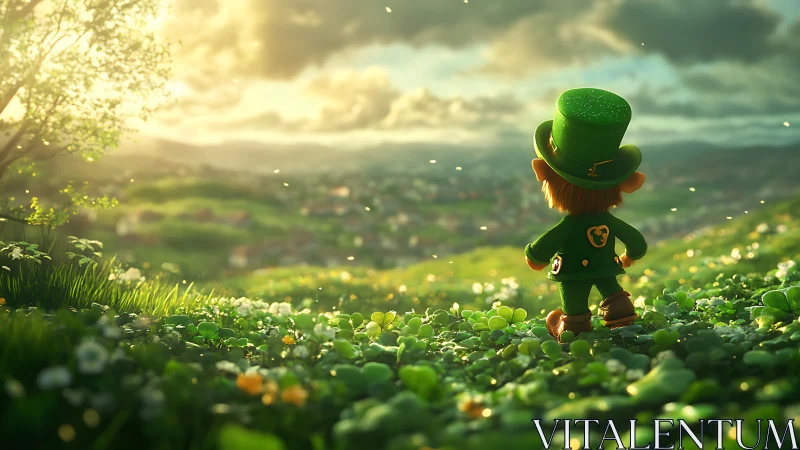 Leprechaun overlooks sunlit clover valley at golden hour.