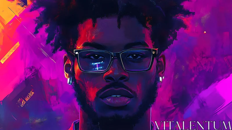 Neon-crowned portrait in electric magenta and indigo storm.