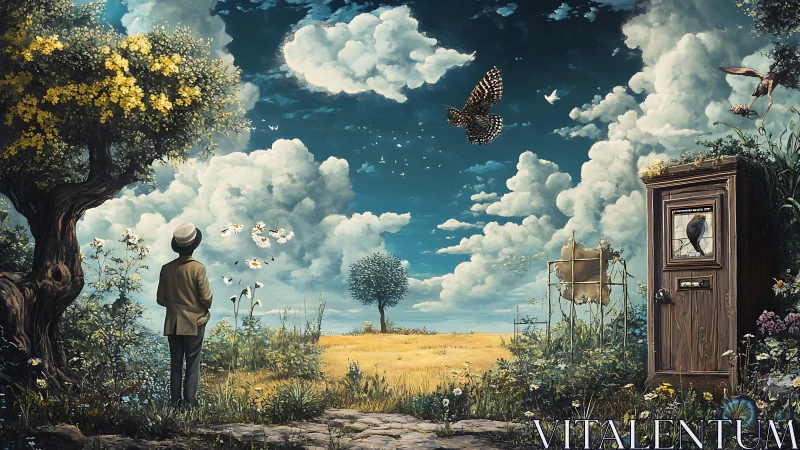 Surreal landscape shows person, flying owl, and old door