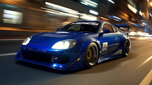 Midnight blue street racer slicing through neon city blur.