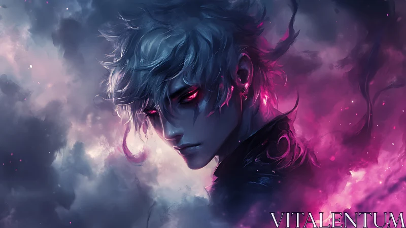 Enigmatic silver haired antihero in neon infernal mist.