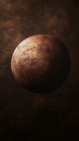 Spherical rocky planet is displayed against dark nebular field