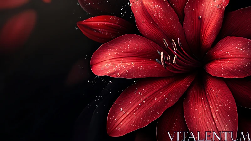 Deep red flower petals with water droplets on dark background
