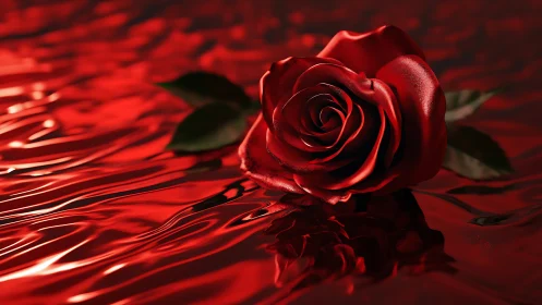 Crimson Rose with Fiber Optic Light Trails on Reflective Surface