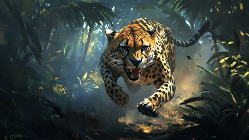 Jungle Predator's Luminous Charge Through Filtered Canopy.