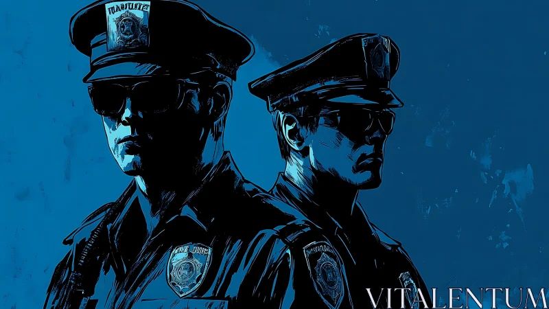Dual police officers in blue monochrome graphic illustration.