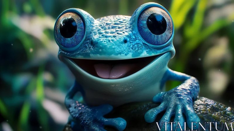 Bright eyed blue frog sharing a joyful forest hello.