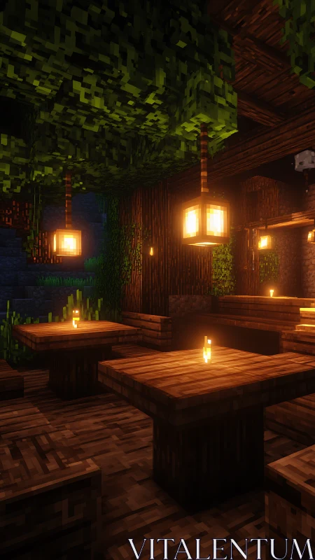 Cozy pixel tavern glowing with warm lantern light at night.