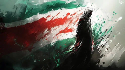 Hooded figure standing strong amid bold painted colors.