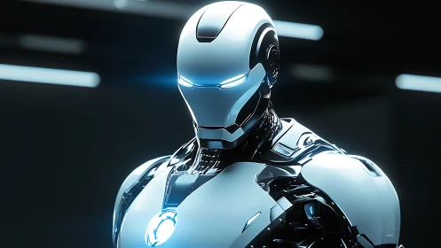 Chromed humanoid combat exoshell with luminescent optic arrays.