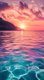 Coastal sunset over calm sea with pink and cyan reflections.