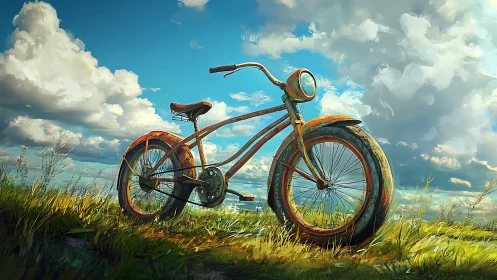 Vintage Bicycle with Weathered Frame Positioned in Pastoral Grassland Environment.