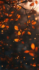 Autumn leaves in warm bokeh light with shallow depth of field.