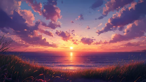 Sunset sky ignites tranquil ocean horizon with vivid light.