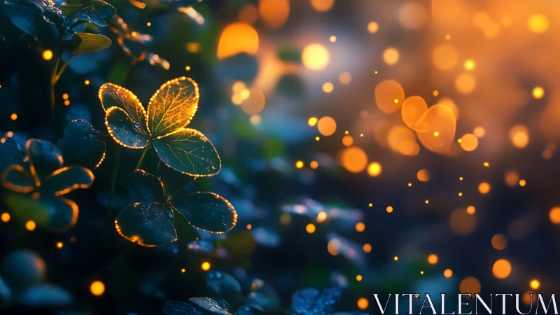 Glowing clover leaves illuminated by warm bokeh sparks