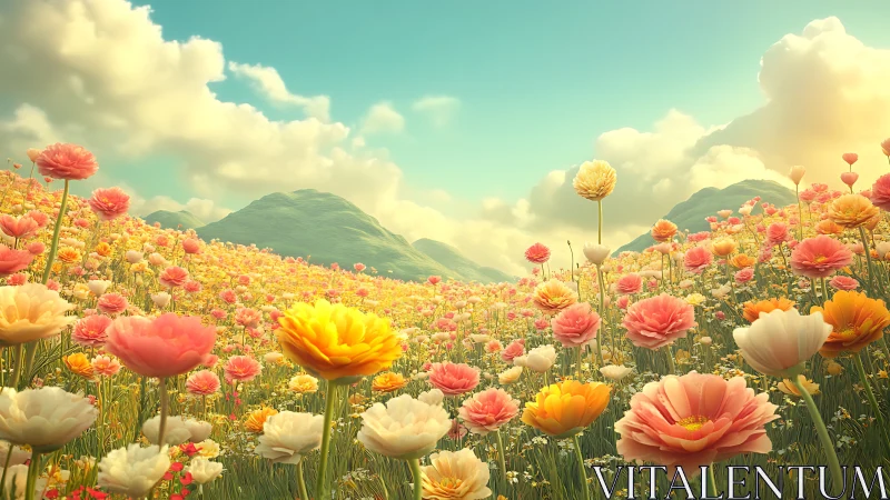 Mountain landscape with extensive flowering field display under clear sky