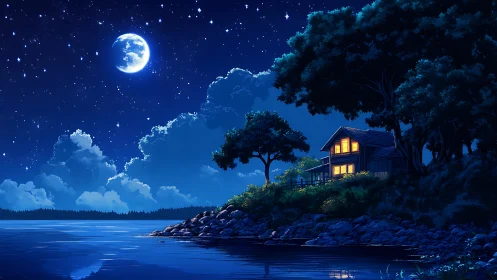 Lakeside house under moonlit star field at night. Period.