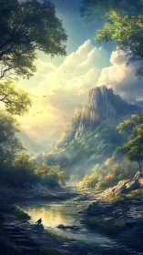 Sunlit mountain valley with trees, river and distant peaks.